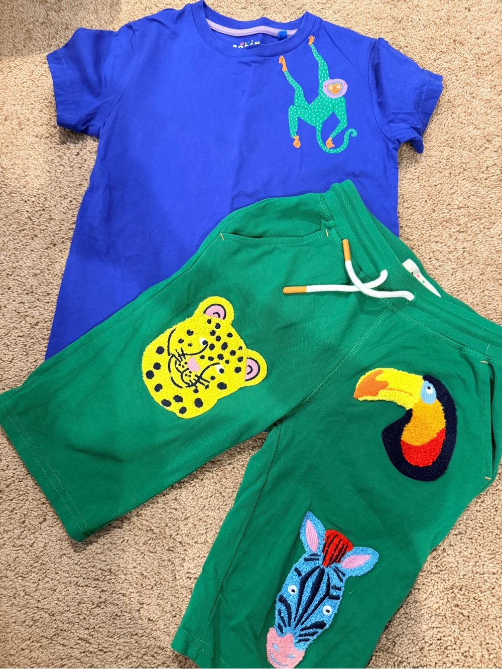 Mini Boden Blue Top and Green Animal Patch Shorts